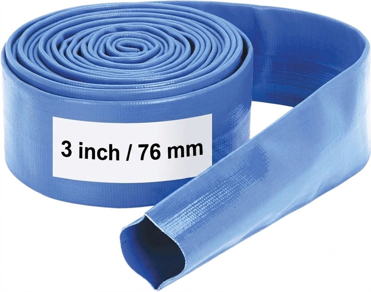 Platte Waterslang-brandweerslang-pompslang-3 inch blauw-pvc-oprolbaar-extra dik -3" ( 76mm)-per 10 meter