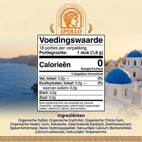 Voedingswaarde van Apollo Remineralizing Gum. Zoetstoffen, ingrediënten, en allergie-informatie.