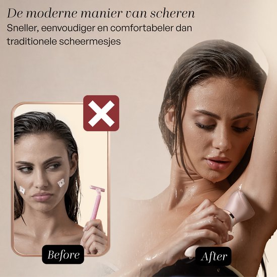 Vrouw gebruikt roze ladyshave in de oksel, 'voor' en 'na' vergelijking met scheermes.