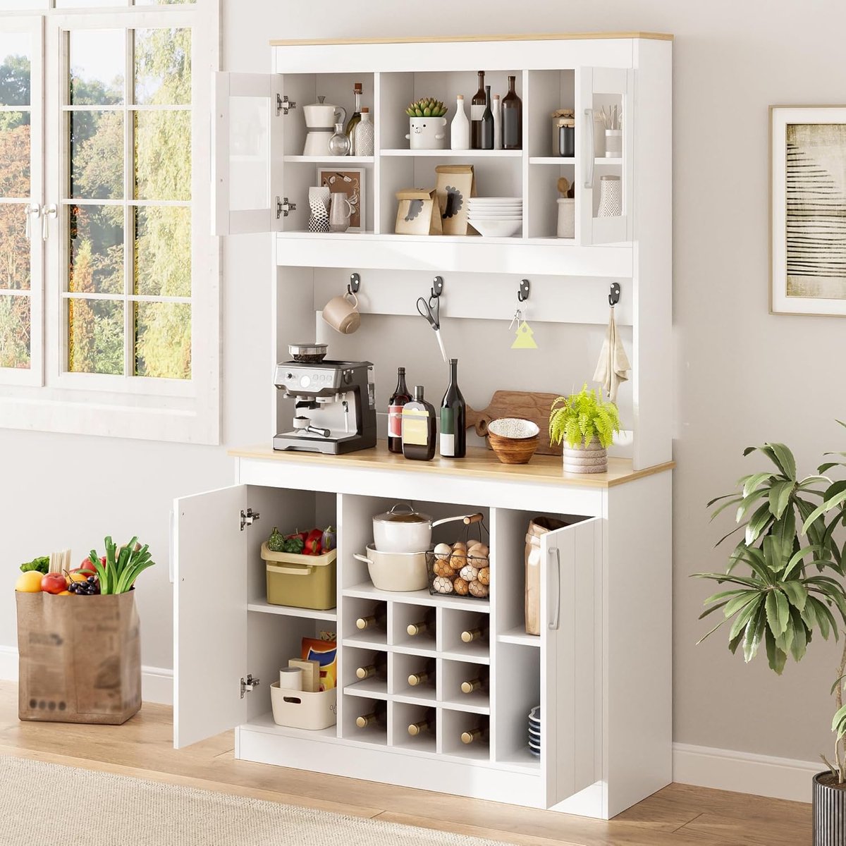 Keukenbuffet met opzetstuk - Buffetkast servieskast - Keuken opbergen - Geïntegreerd wijnrek - 175 cm hoog - Wit