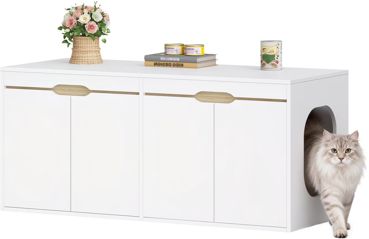 NordPaw® Kattenbakkast – Verborgen Kattenbak Meubel – Kattenhuis & Bijzettafel – Voor 2 Katten – 120 x 50 x 53,4 cm – Wit/Eiken
