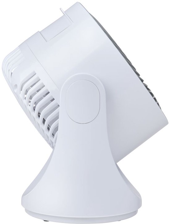 Zijaanzicht van een witte tafelventilator met verstelbare kop en voet.