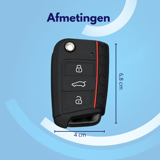 Afmetingen van de zwarte siliconen autosleutelcover met rode accenten: 6.8 cm hoog en 4 cm breed.