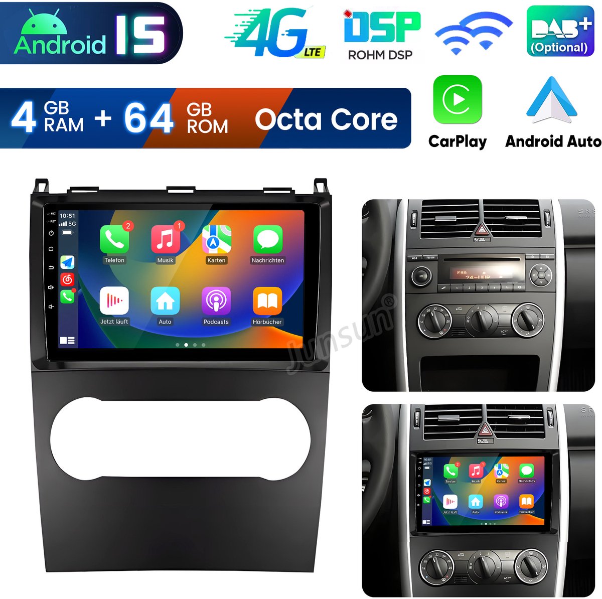 Junsun autoradio Geschikt voor Mercedes-Benz A/B-klasse W169 W245, Android 15 Draadloze CarPlay & Andriod Auto, DAB+, GPS-navigatiesysteem, Bluetooth, Stuurwielbediening, WiFi, 9-inch Touchscreen, 4GB+64GB, DSP, Octa-core processor