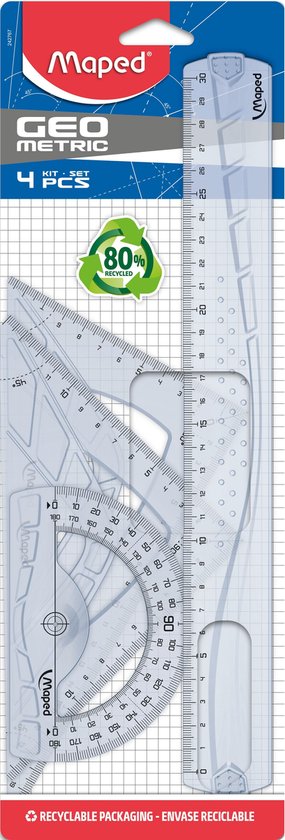 Maped Geo Metric 4-delige meetset met transparante driehoek, gradenboog en liniaal. 80% gerecycled materiaal.