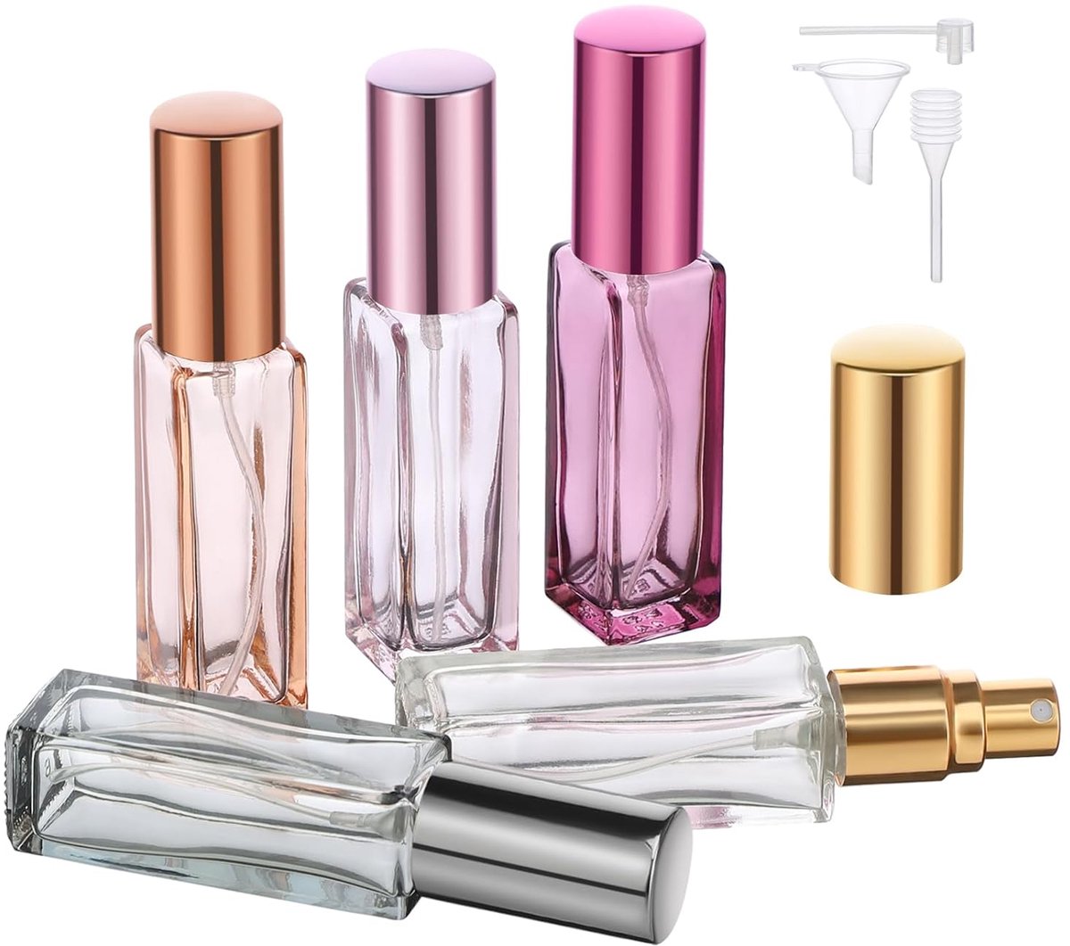 5 Stuks Parfum Verstuiver Navulbaar - Parfum Reisflesje - Mini Parfum Flesje - Glazen Parfumverstuivers - Mini Parfum Set - Inclusief Vulhulpstukken - Lekvrije Verstuiver - Handbagage - Meerdere Kleuren - 10 ml