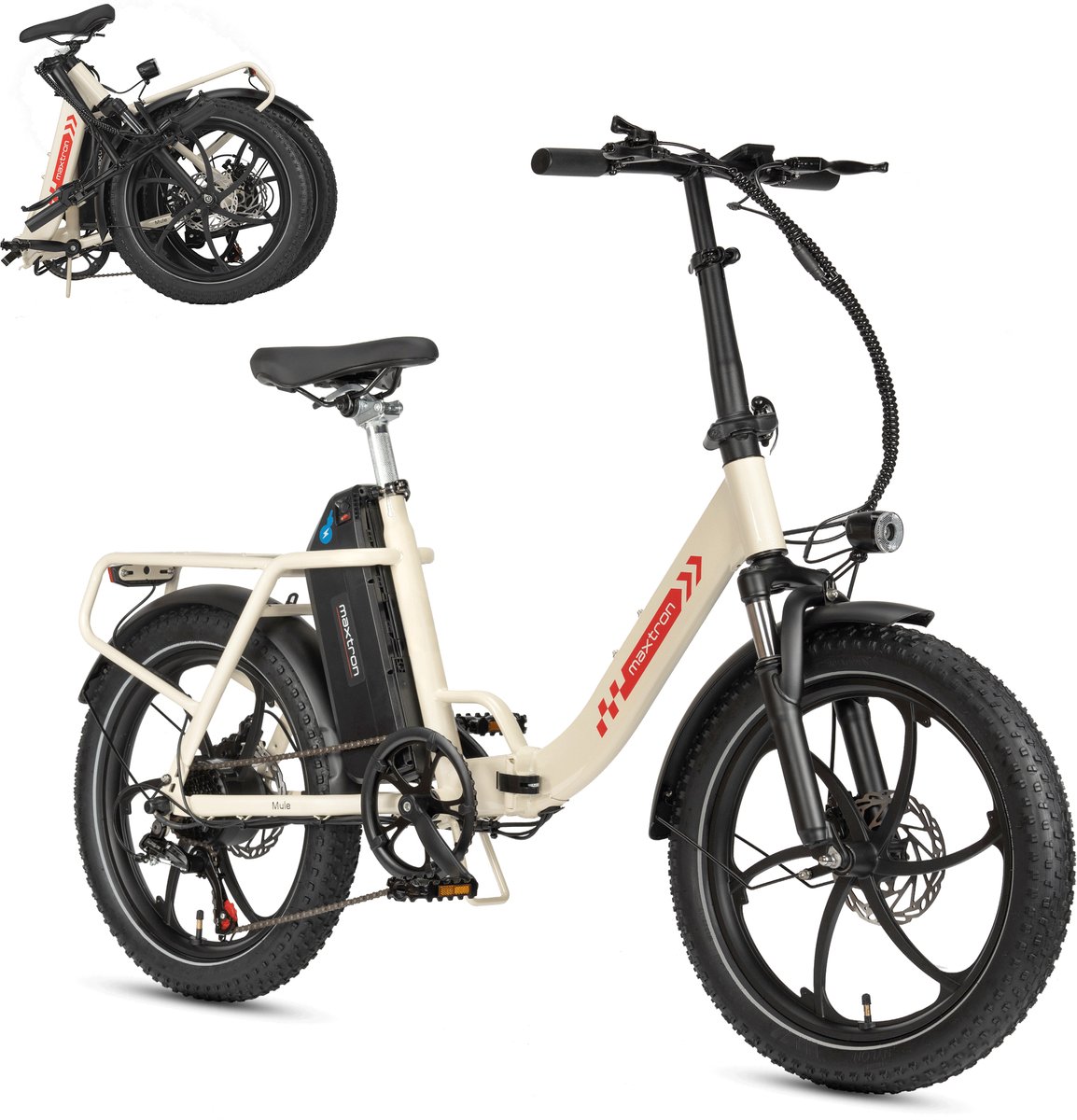 Maxtron MULE Elektrische Fiets – Opvouwbare E-bike – 20×3.0 Inch Banden – 48V 20Ah Accu – Actieradius tot 70 km – Mechanische Schijfremmen – Stadsfiets – Max. Belastbaar 120 kg – Wit