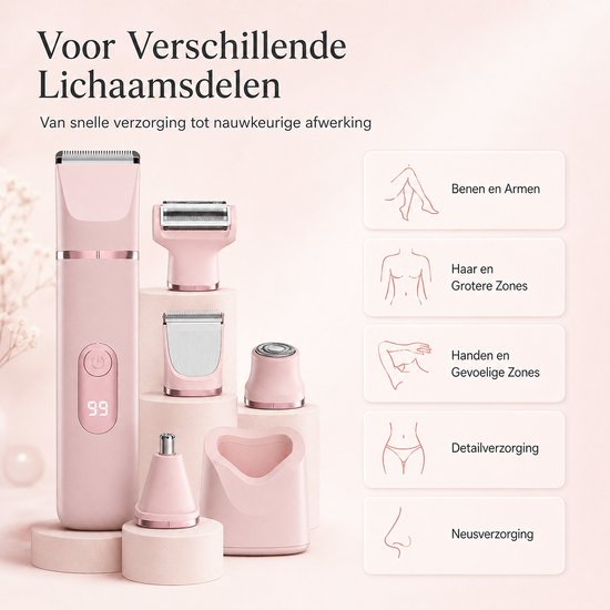 Roze ladyshave en accessoires voor benen, armen, grotere zones, gevoelige zones, detailverzorging en neusverzorging.