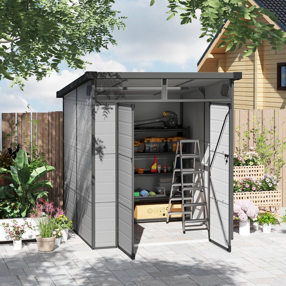 Tuinhuis Metaal, Metalen Schuurtje, Tuinberging Metaal, Kunststof Tuinschuur, 3.24 m², 190 X 191 X 215 Cm, Met Lessenaarsdak, Afsluitbare Deur, Weerbestendig, Tuinschuur/Berging Voor Buiten, Lichtgrijs