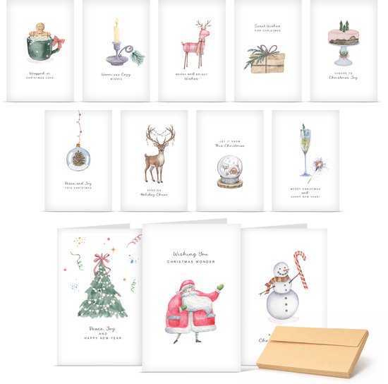 Set van 12 kerstkaarten met diverse aquarelontwerpen zoals een kerstman, rendier, sneeuwpop en feestelijke teksten.