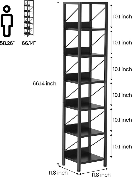 Afmetingen van een zwarte, open boekenplank met 6 niveaus met metalen frame.