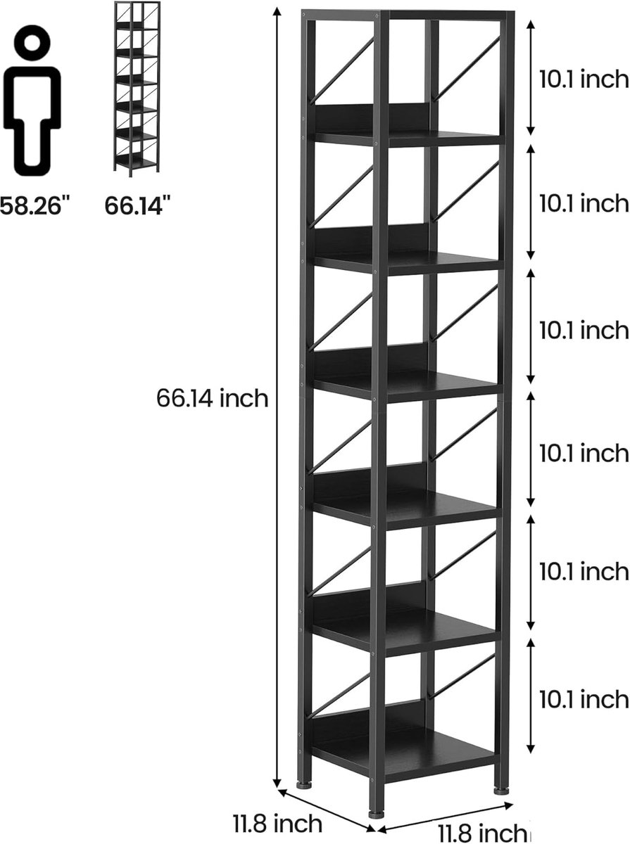 Smalle boekenplank met 6 planken–Rustieke hoekplank met metalen frame–Kleine vrijstaande boekenplank-Industriële displaystandaard voor slaapkamer- woonkamer- thuiskantoor- zwart