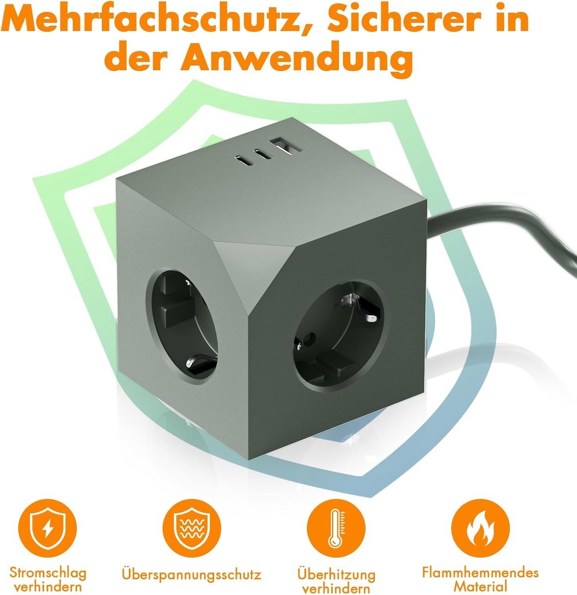 Meervoudige stekkerdoos - Groen - 3 meter verlengkabel - 6-in-1 met USB-C - Voor Kantoor en Thuis