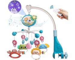 Mini Tudou Mobiel Babybed met Sterrenprojectie & Timerfunctie – Muziekmobiel met Afstandsbediening, Nachtlampje, Ronddraaiende Dierenrammelaars – Babyspeelgoed voor Pasgeborenen 0-24 Maanden