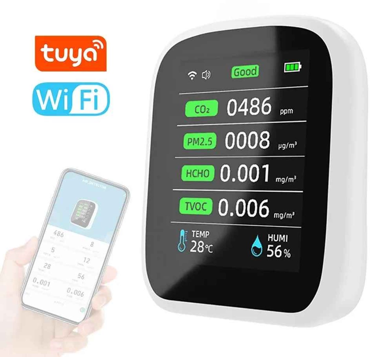 Casa Living Luchtkwaliteitsmeter - 8-in-1 Luchtkwaliteit Tester - CO2, PM2.5 & TVOC Meter - WiFi - Temperatuur & Vochtigheid