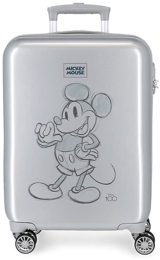 Grijze koffer met Mickey Mouse print, Disney 100 logo, handvat en wieltjes.