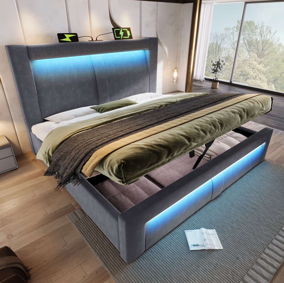 MEUNIQ tweepersoons bed 180x200 cm met opbergruimte, hydraulisch bedframe met LED-verlichting, USB en USB-C, velours hoofdbord, slaapkamer, grijs