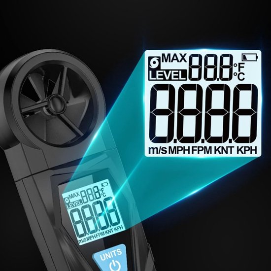 Digitale Anemometer - Windmeter Luchtstroommeter - Luchtstroom Meten - 180° Draaibaar Vleugelwiel - 0.8-108 km/u - Zwart — afbeelding 2