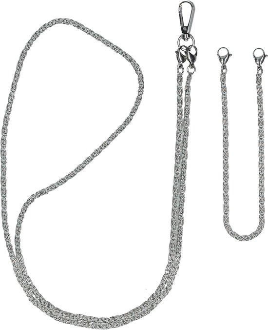 Lanière de téléphone argentée en maille tressée avec mousqueton et deux cordons détachables avec clips.