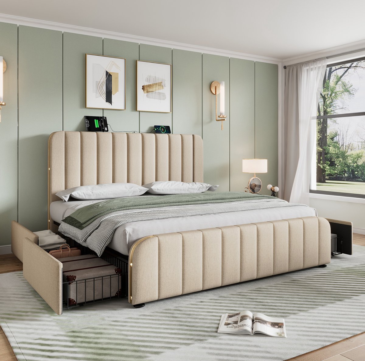 MEUNIQ gestoffeerd tweepersoons bed 140x200 cm met 4 lades, USB-C en USB in hoofdbord, lattenbodem, metalen frame, slaapkamer, beige