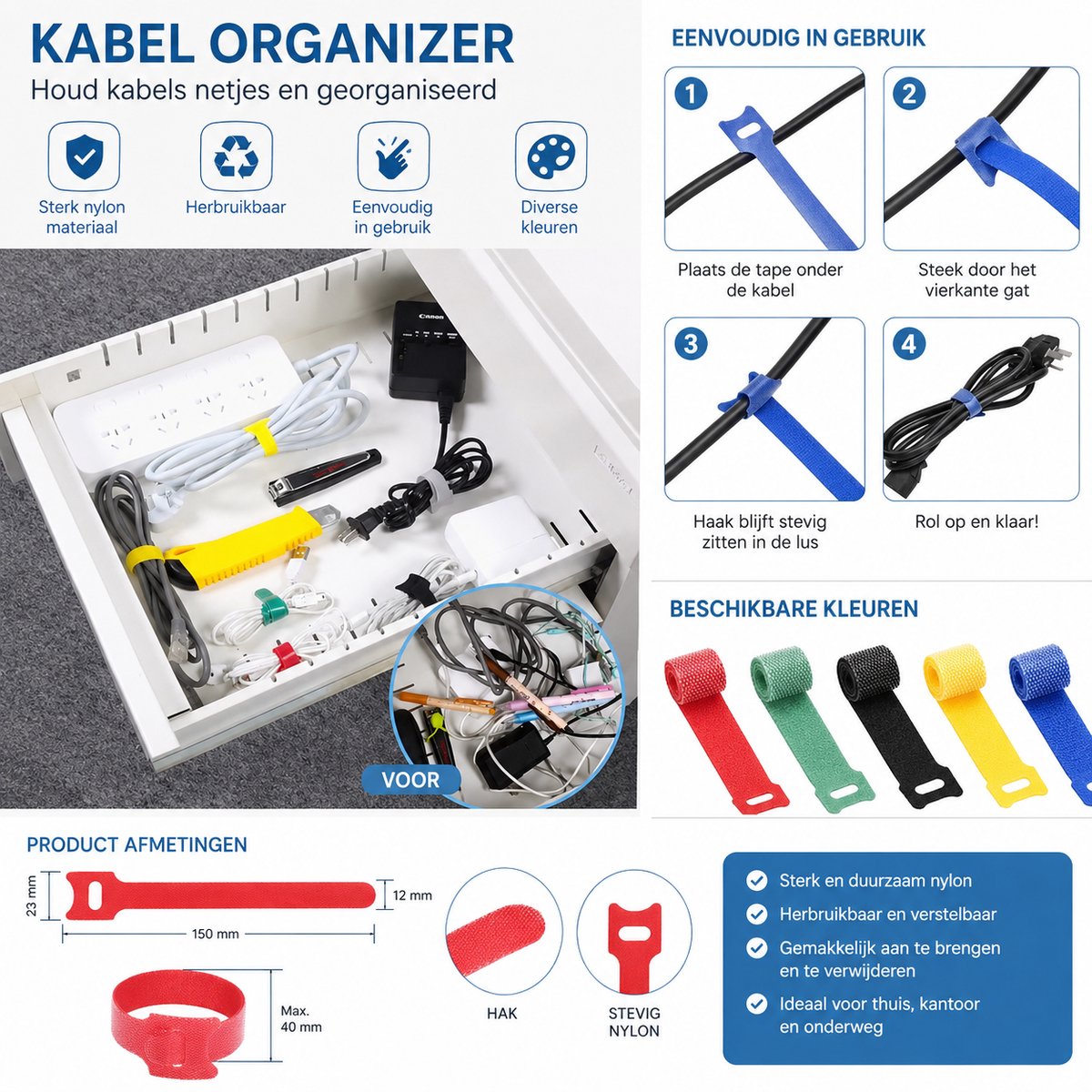 5x Kabelorganizer – Kabelbeheer Set – Kabelhaspel / Tape Protector – Draadbinders – Organizer voor Telefoon & Elektronica