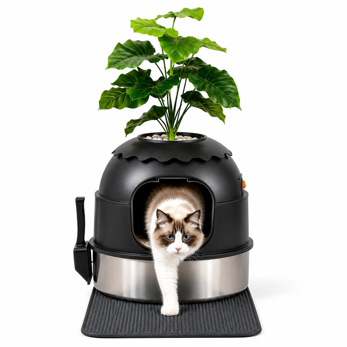 NordPaw® Design Kattenbak met Plant - Verborgen Katten Toilet - RVS Binnenbak - Geurvrij - Volledig Afgesloten - Inclusief Koolstoffilter & Kattenbakmat - Zwart 106,5 CM