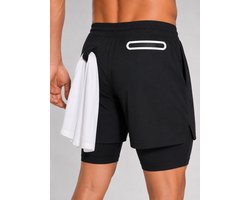 SparkNine Stridex fitness short heren - dubbellaags - met telefoonzak - M - zwart/wit - sneldrogend - met handdoeklus & zakken - functioneel & comfortabel