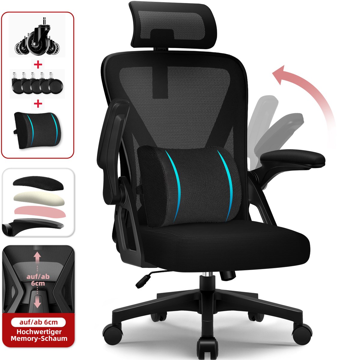 Hiaonyx bureaustoel-ergonomische bureaustoel-bureaustoelen voor volwassenenOpklapbare armleuningen-2D lendensteun-Maximale kanteling 135°- Lnclusief lendensteun voor bureaustoel-Zwart