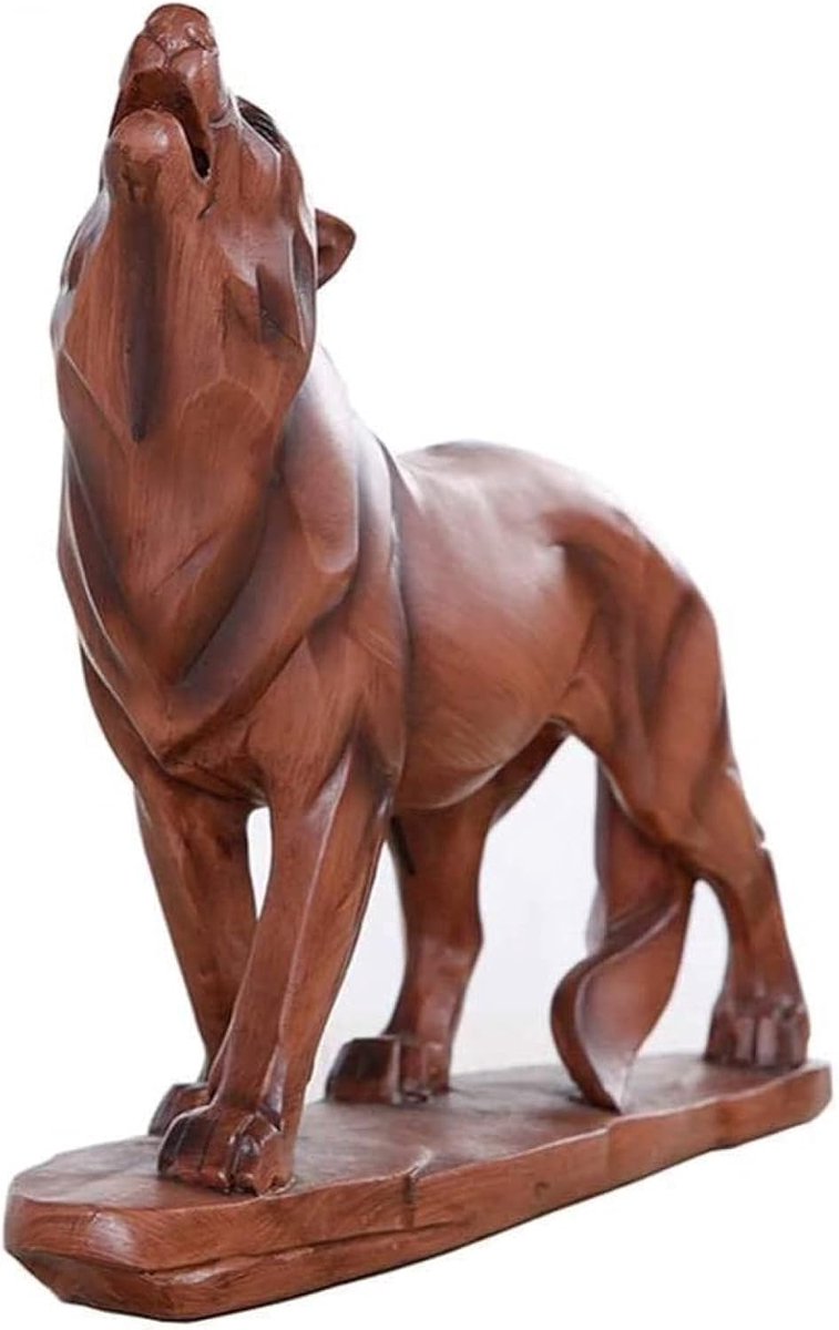 Hars sculptuur - Wolf beeld - Huis decoratie - Vintage hout textuur - 32x29 cm - Vintage kleur