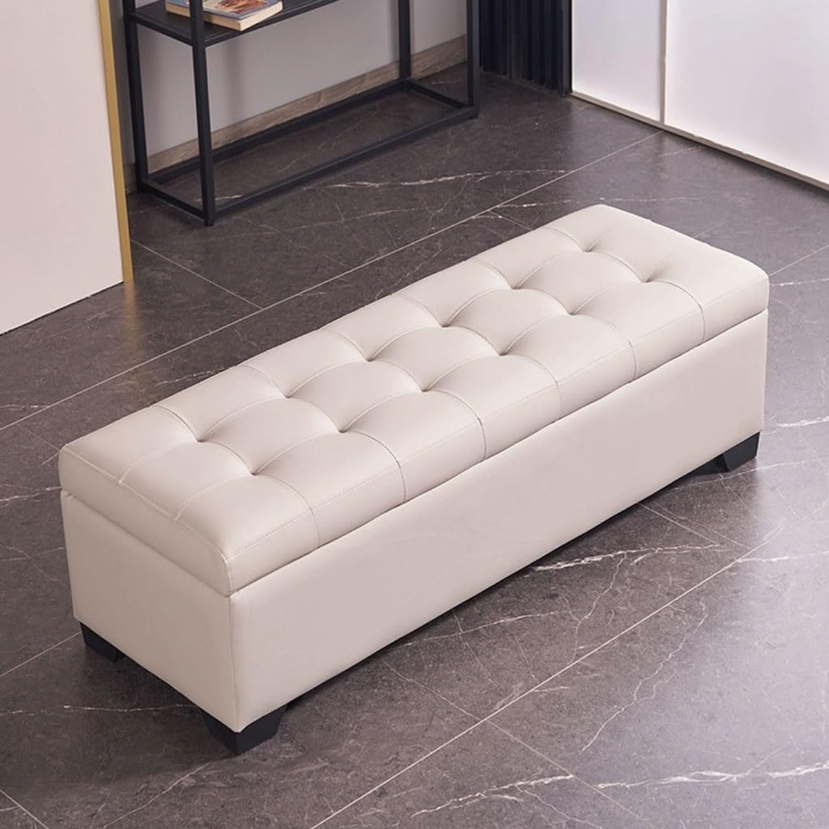 Opbergbank - Ottomaanse poef - Ruimte Besparen - Gestoffeerd PU-leer - 60 cm - Beige