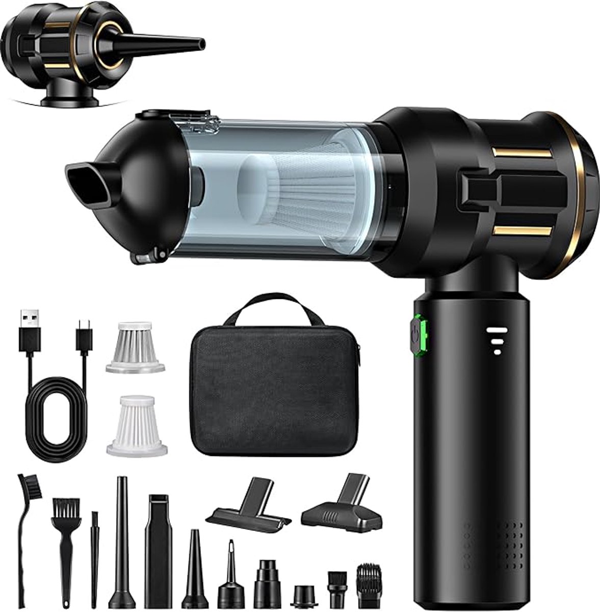 Draadloze Handstofzuiger - Mini Auto Stofzuiger - 4-in-1 Stofzuiger & Stofblazer - 25.000 Pa Zuigkracht - Borstelloze Motor - 6000 mAh Accu - USB Oplaadbaar - 1-Touch Leegsysteem - Inclusief EVA Opbergtas - Zwart