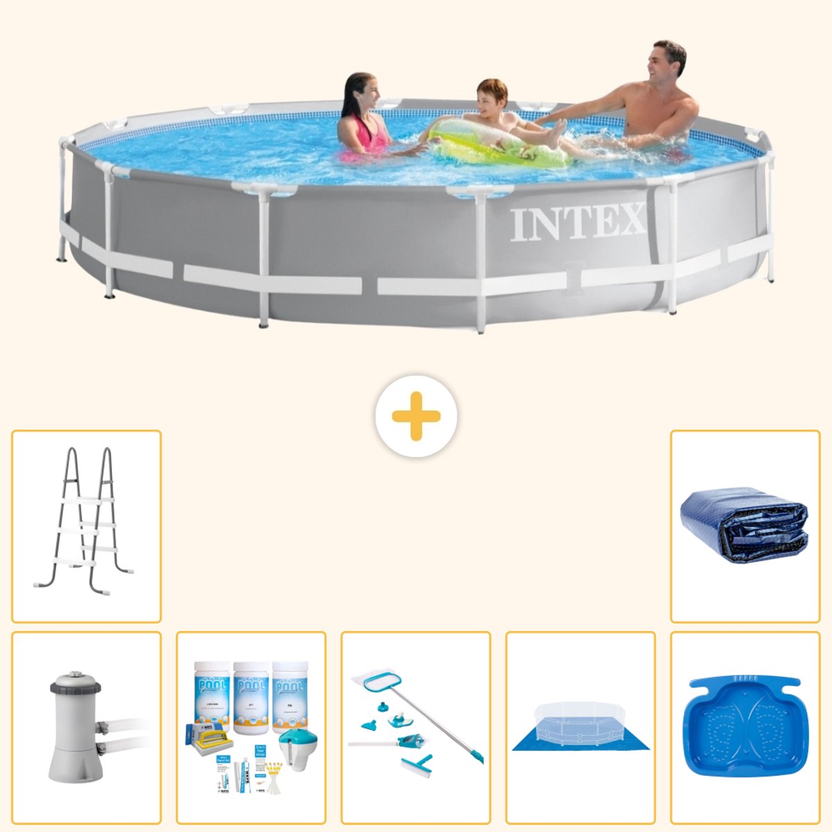 Intex Rond Prism Frame Zwembad - 366 x 76 cm - Grijs - Inclusief Pomp - Onderhoudspakket - Schoonmaakset - Grondzeil - Voetenbad - Ladder - Solarzeil - 8-delig