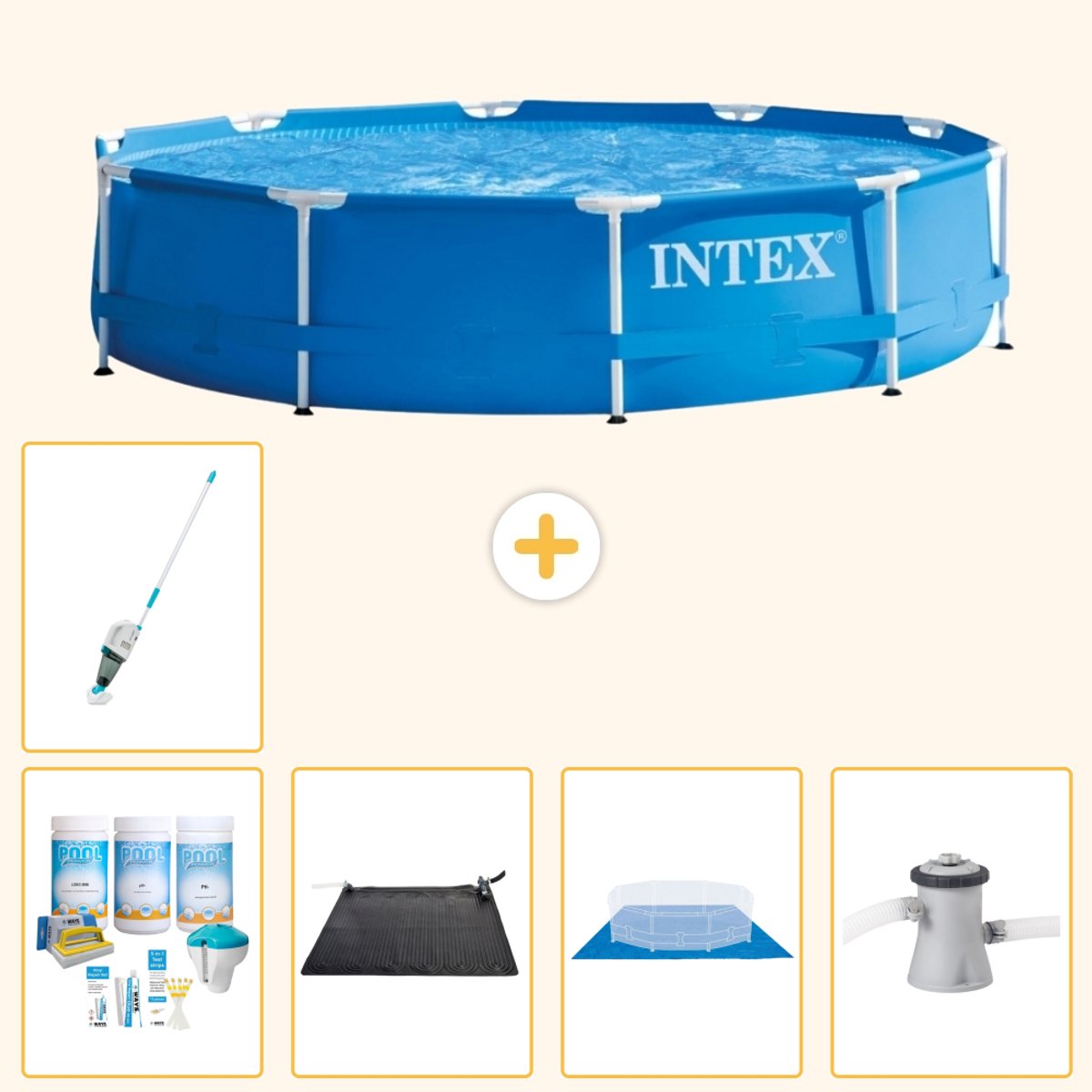 Intex Rond Frame Zwembad - 305 x 76 cm - Blauw - Inclusief Onderhoudspakket - Solar Mat - Grondzeil - Zwembadfilterpomp - Stofzuiger - 6-delig