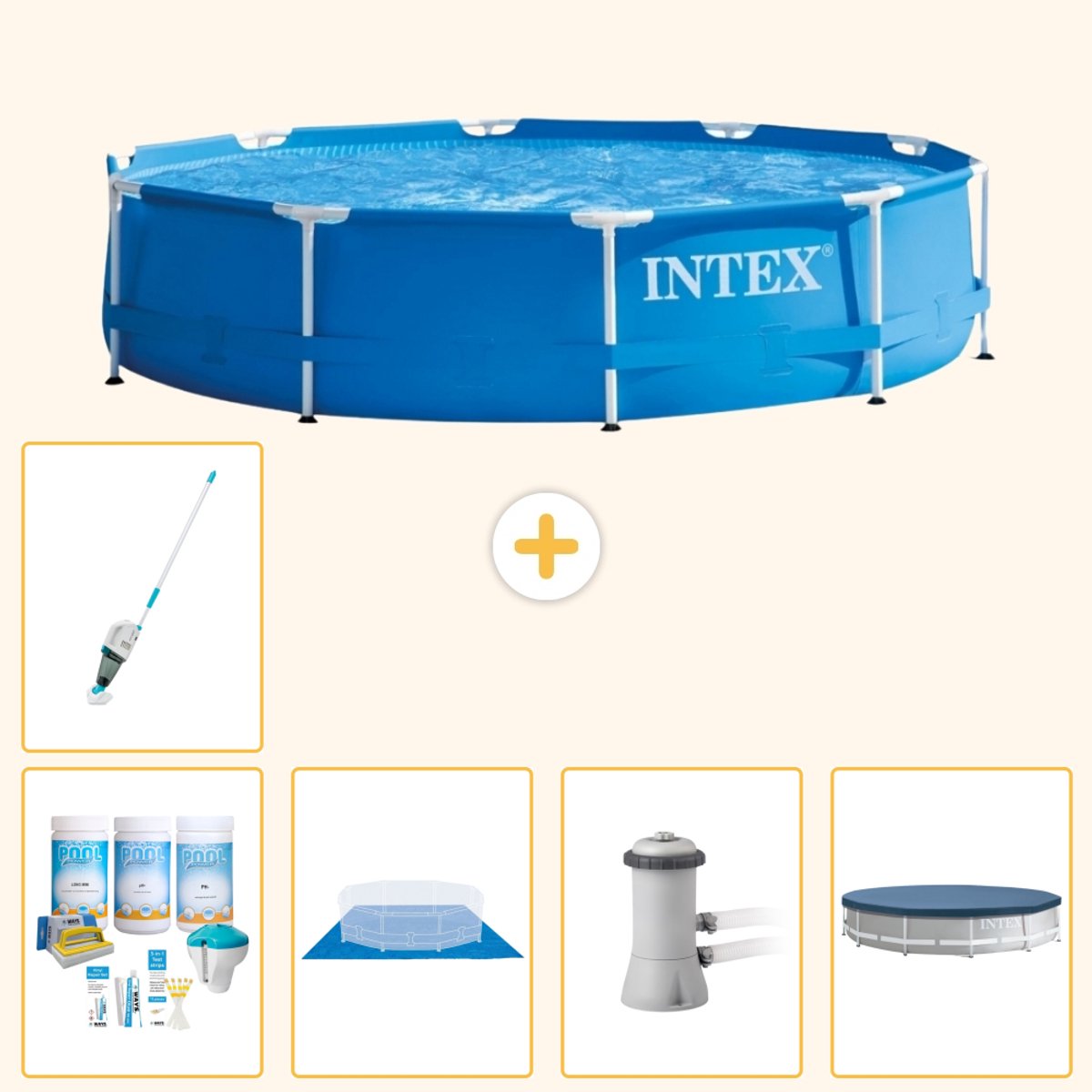 Intex Rond Frame Zwembad - 366 x 76 cm - Blauw - Inclusief Onderhoudspakket - Grondzeil - Zwembadfilterpomp - Afdekzeil - Stofzuiger - 6-delig