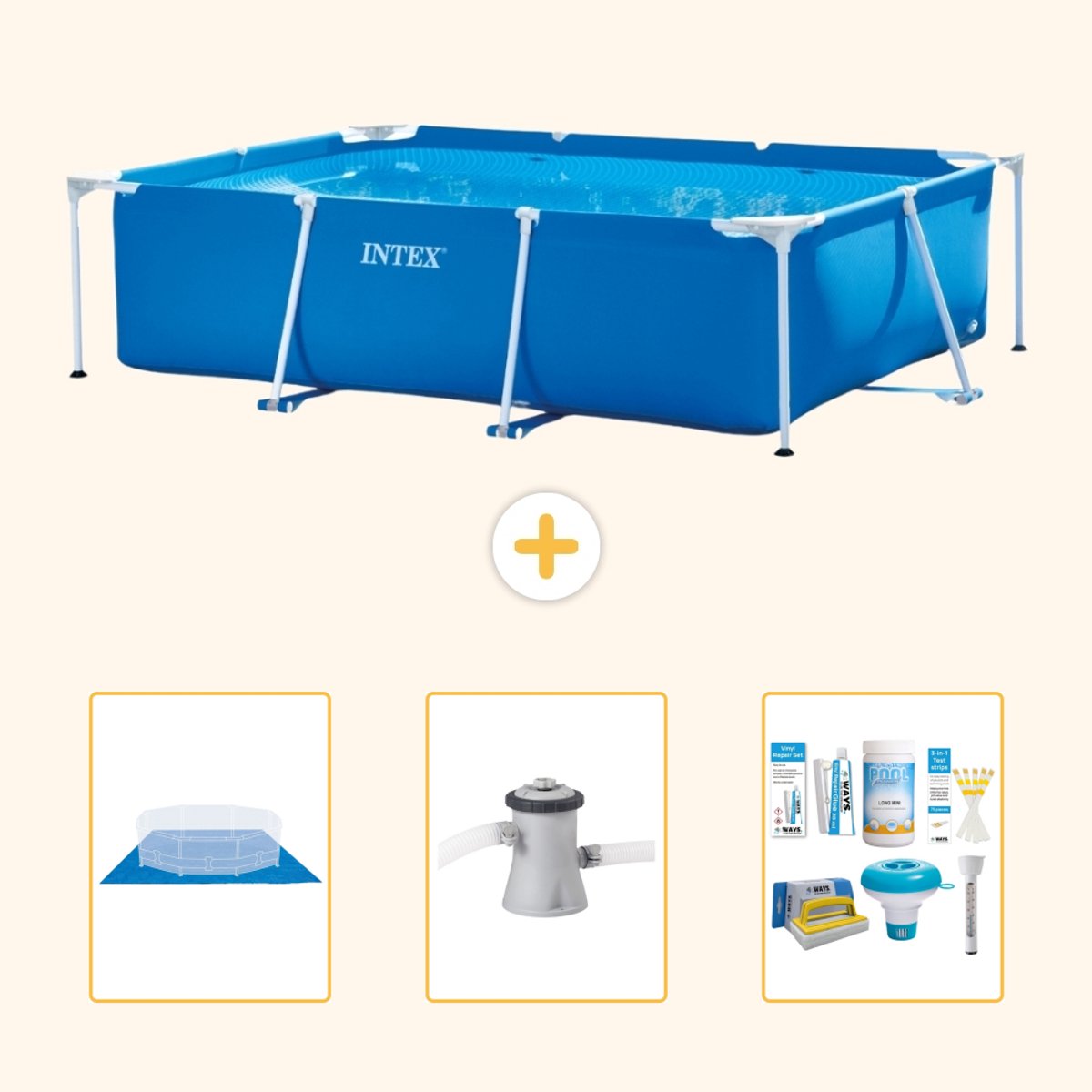 Intex Rechthoekig Frame Zwembad - 220 x 150 x 60 cm - Blauw - Inclusief Grondzeil - Zwembadfilterpomp - Onderhoudspakket - 4-delig