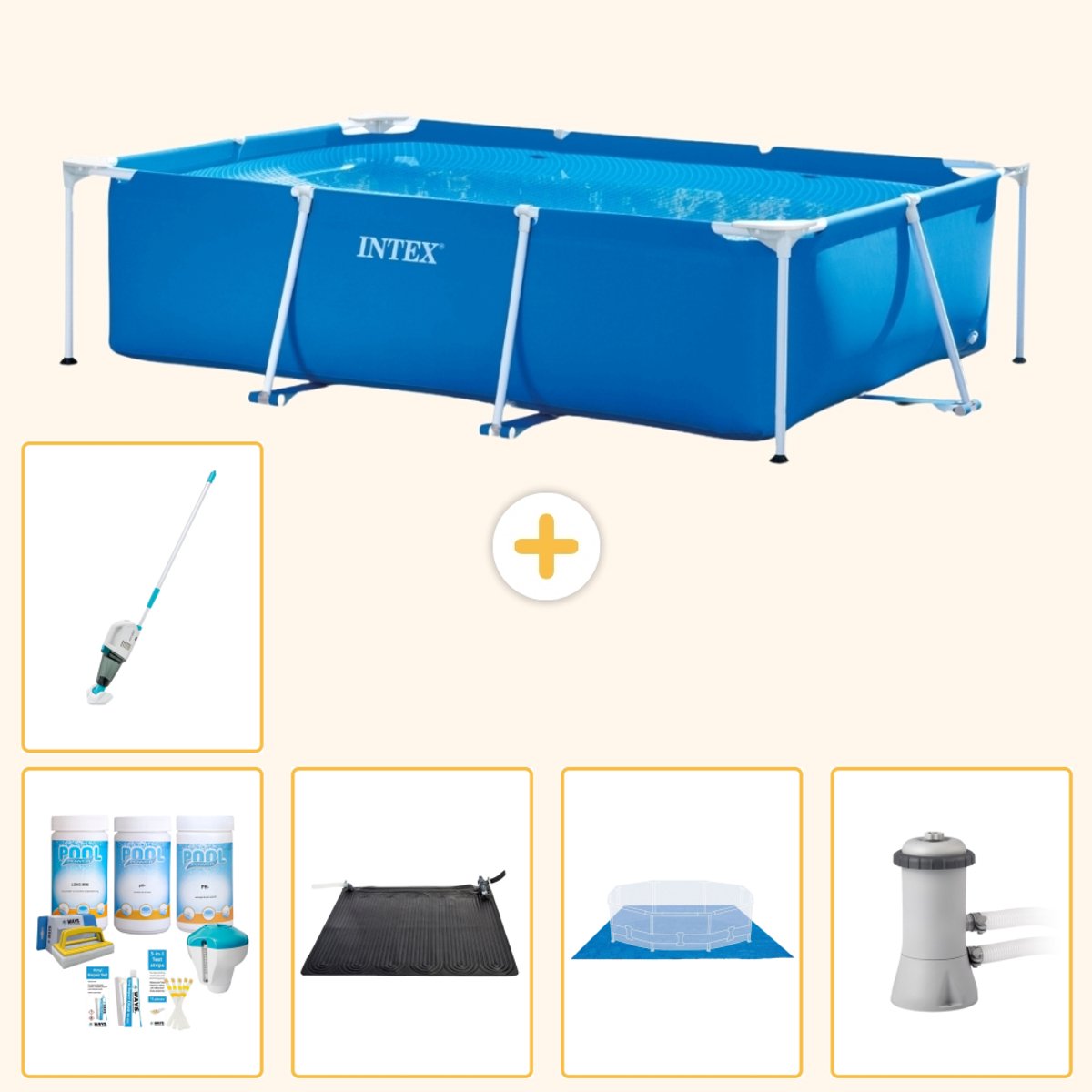 Intex Rechthoekig Frame Zwembad - 300 x 200 x 75 cm - Blauw - Inclusief Onderhoudspakket - Solar Mat - Grondzeil - Zwembadfilterpomp - Stofzuiger - 6-delig