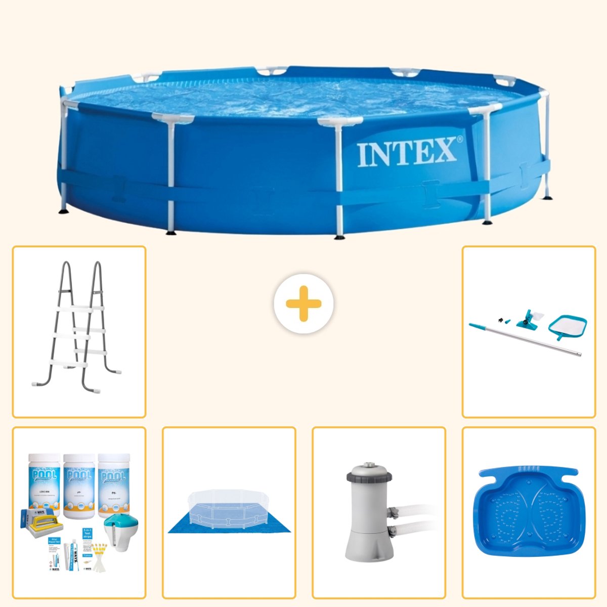 Intex Rond Frame Zwembad - 366 x 76 cm - Blauw - Inclusief Onderhoudspakket - Grondzeil - Zwembadfilterpomp - Voetenbad - Ladder - Schoonmaakset - 7-delig