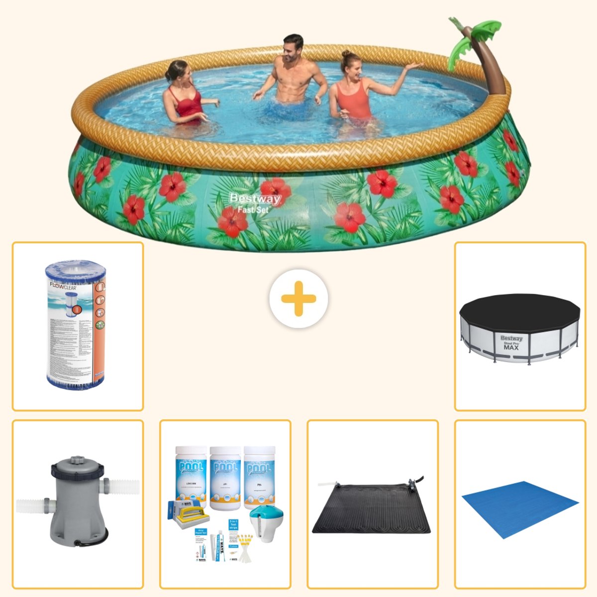 Bestway Rond Opblaasbaar Fast Set Zwembad - Paradijsprint - 457 x 84 cm - Inclusief Pomp - Onderhoudspakket - Solar Mat - Grondzeil - Filter - Afdekzeil - 7-delig