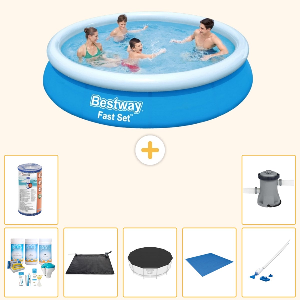 Bestway Rond Opblaasbaar Fast Set Zwembad - 366 x 76 cm - Blauw - Inclusief Onderhoudspakket - Solar Mat - Afdekzeil - Grondzeil - Filter - Stofzuiger - Zwembadfilterpomp - 8-delig