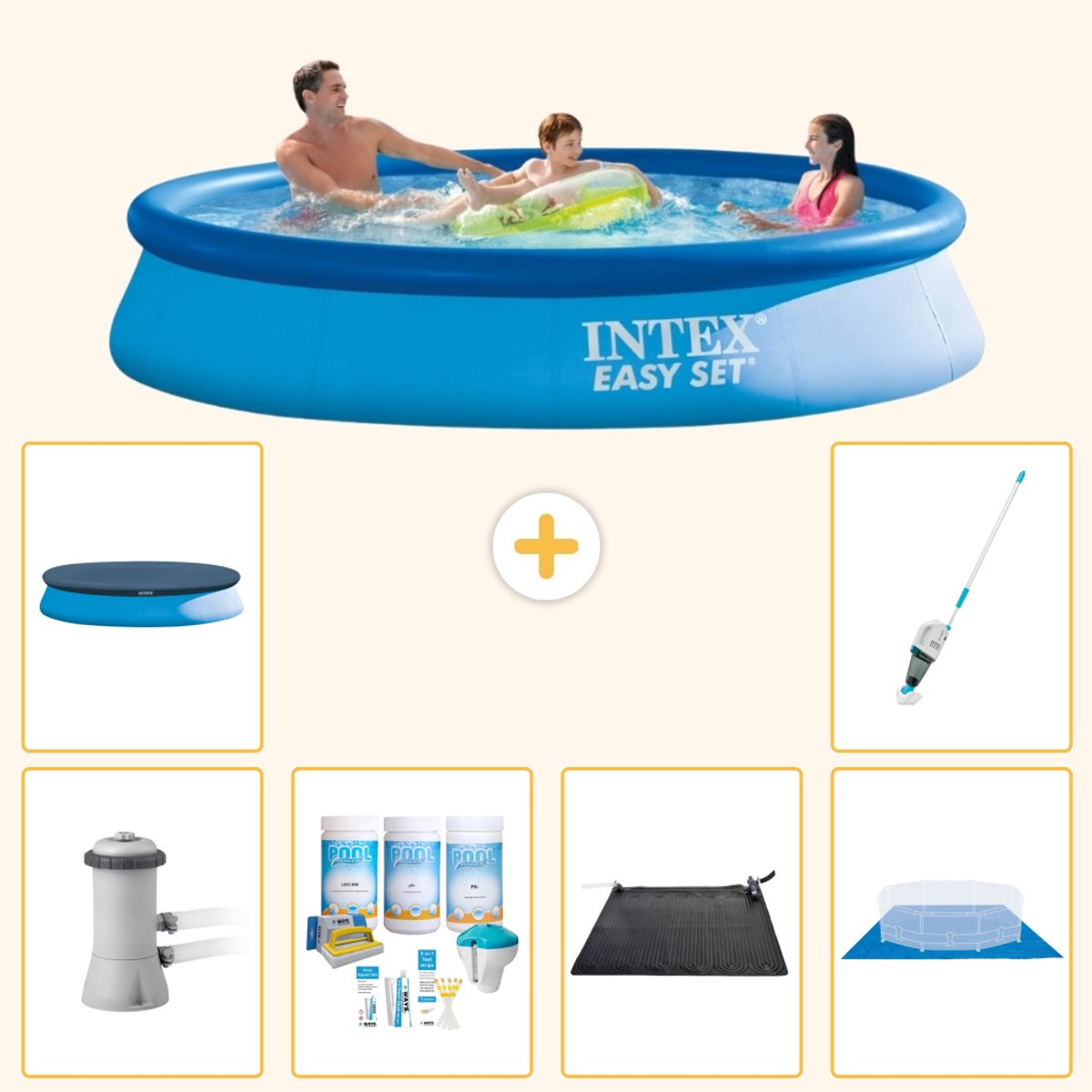 Intex Rond Opblaasbaar Easy Set Zwembad - 366 x 76 cm - Blauw - Inclusief Pomp - Onderhoudspakket - Solar Mat - Grondzeil - Afdekzeil - Stofzuiger - 7-delig