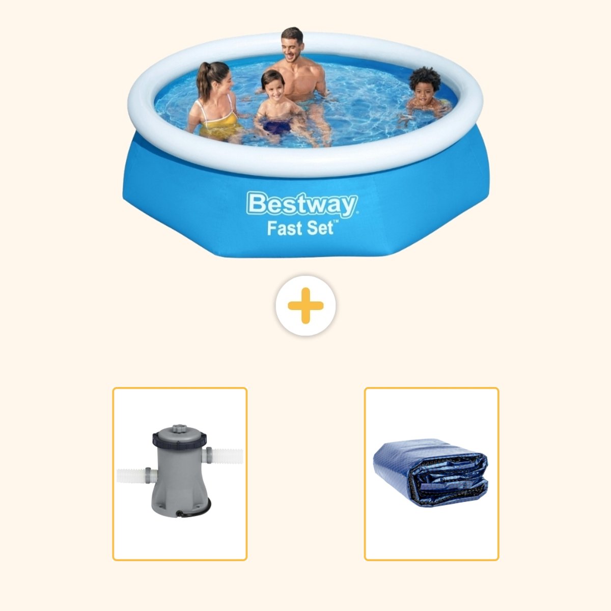 Bestway Rond Opblaasbaar Fast Set Zwembad - 244 x 61 cm - Blauw - Inclusief Pomp - Solarzeil - 3-delig