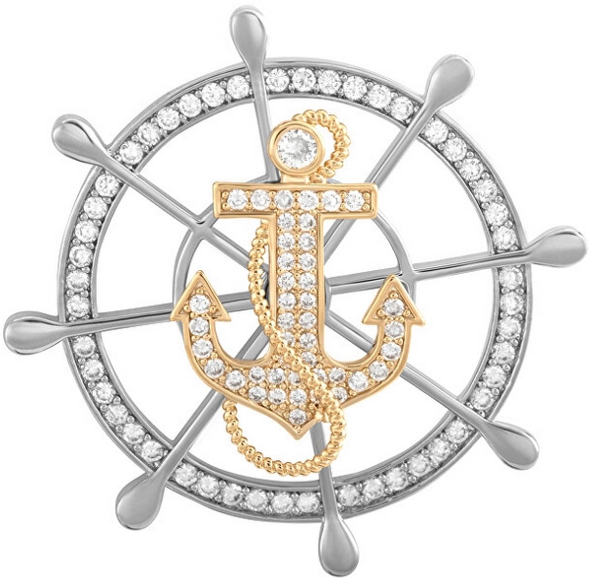 TROLI KS-227 ZILVEREN/GOUDEN ROER BROCHE MET KRISTALLEN 1 STUK