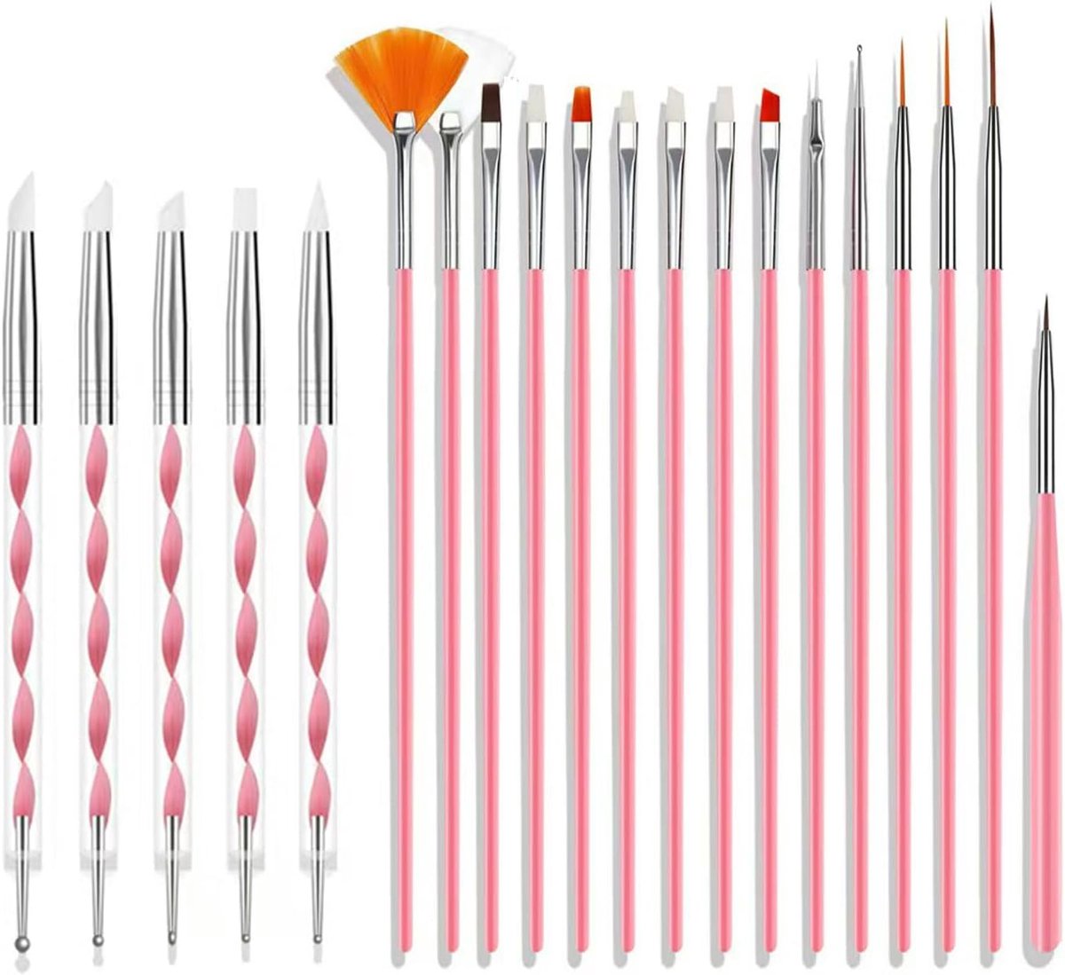 Thijox - Nail Art Penselen Set - 20 Stuks Professionele Nagelontwerp Borstels en 5 Stuks Dual Tipped Siliconen Gereedschap - Roze en Roze voor Creatie