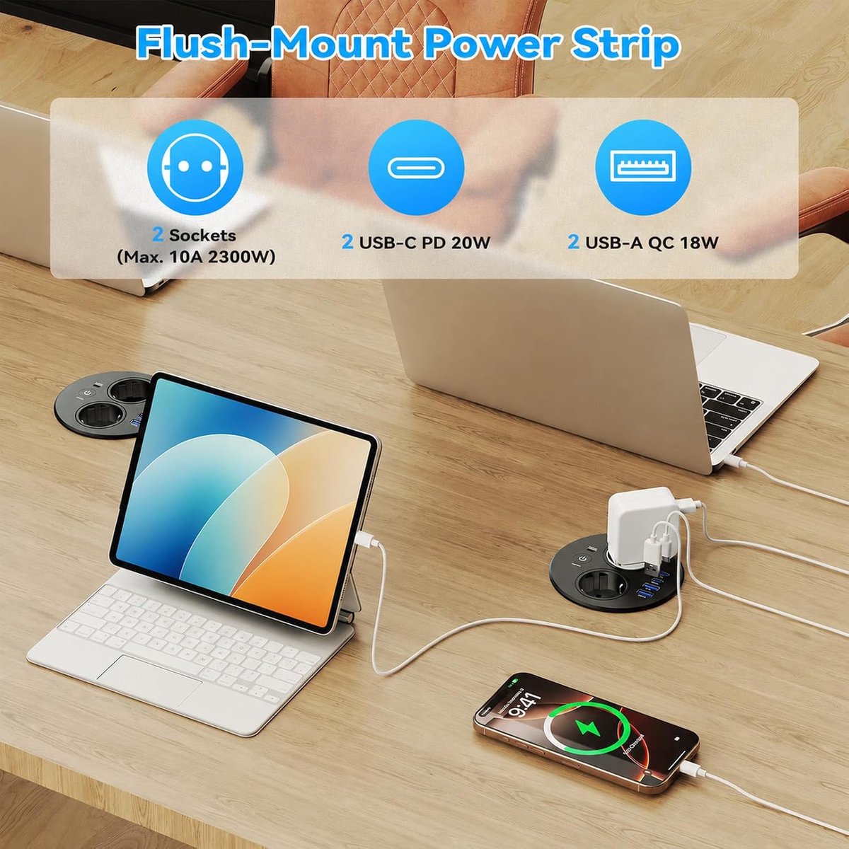 Thijox - Inbouwstopcontact Rond met 2 Schuko Stopcontacten en 4 USB Poorten (2 x USB-C PD 20W) - Tafelstopcontact met Schakelaar voor Bureau, Kantoor,
