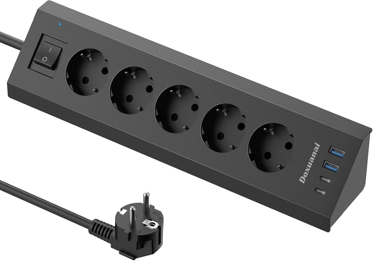 Thijox - USB Stopcontactblok met Hoekstopcontact en Schakelaar - 2M Verlengkabel voor Keuken en Kantoor - Zwart Meervoudig Stopcontact met USB C Poort