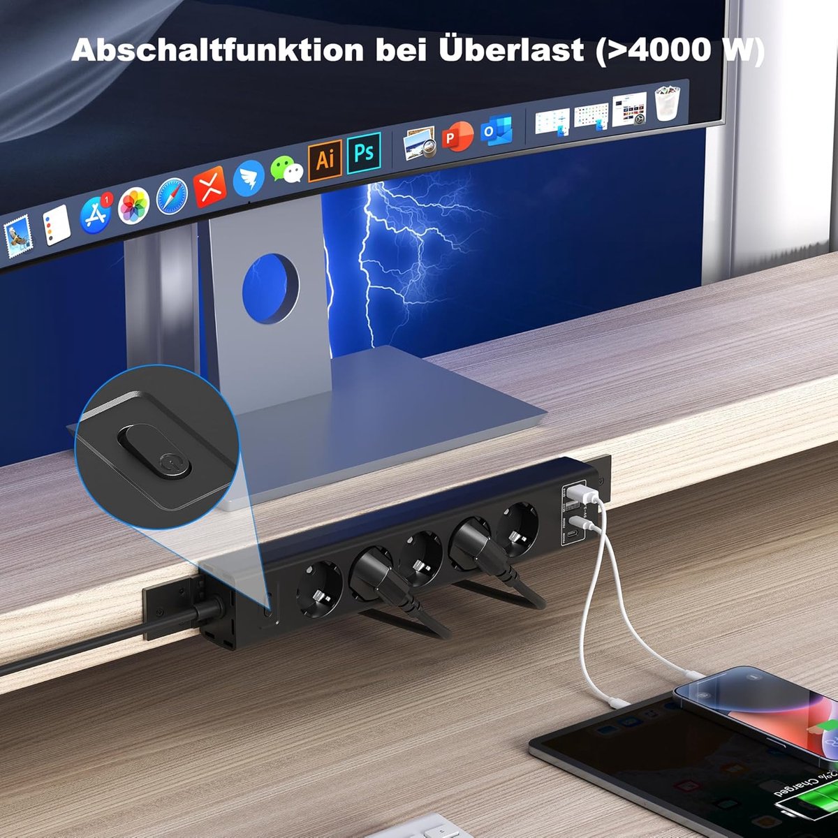 Thijox - 5-voudige stekkerdoos ondertafelmontage met 2 USB-C PD 20W, 2 USB-A QC3.0 18W, 4000W met overbelastingsbeveiliging, 2m kabel, zwart - Ideaal