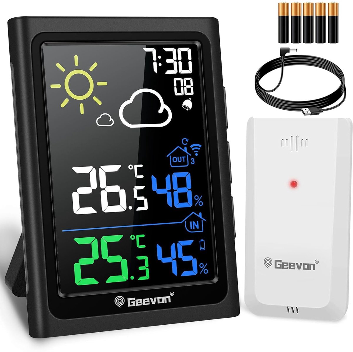 SnelShoppen - Draadloos Weerstation met Buitensensor, Radiogestuurd Binnen- en Buitenweerstation met Weersvoorspelling, Digitale Thermometer en Hygrom