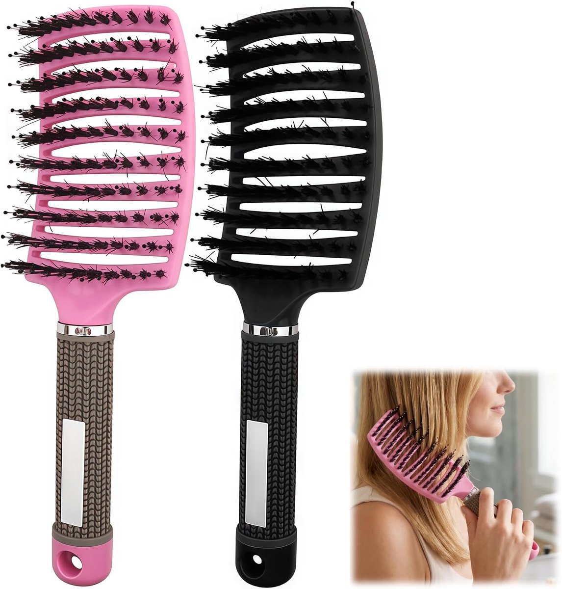 Haarborstels set van 2 - natuurlijk wildzwijnhaar - zachte ontwarring - ideaal voor alle haartypes - ShopVlot
