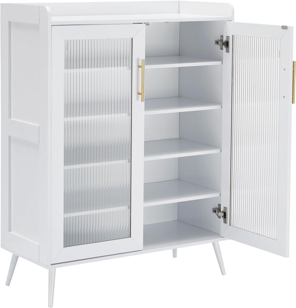 Schoenenkast 5 Lagen met Fluted Glazen Deur - 79x35x117cm - Schoenenrek Vrijstaand - Schoenenmeubel - Verstelbare Planken - Modern - Voor Hal Woonkamer Slaapkamer - Wit