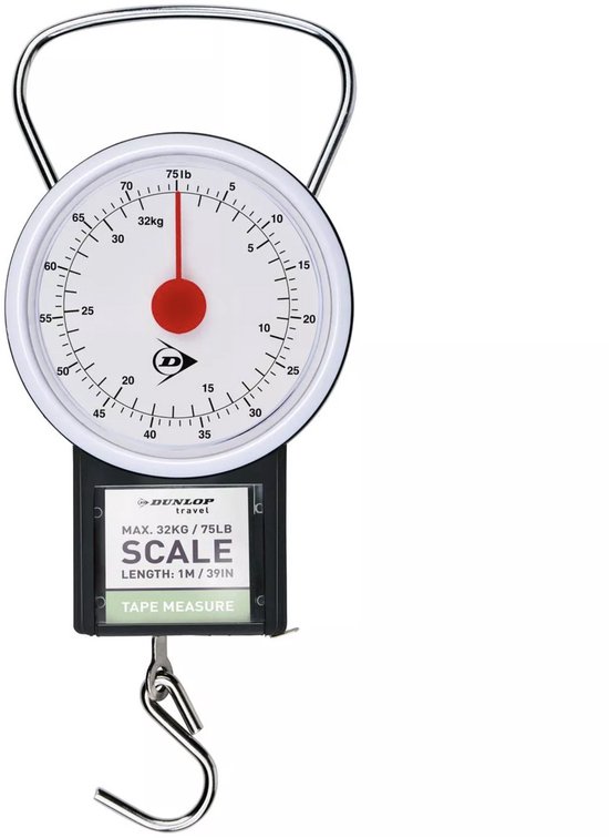 Dunlop reis bagageweegschaal, wit met rode wijzer, tot 32kg/75lb. Met metalen haak en handvat.